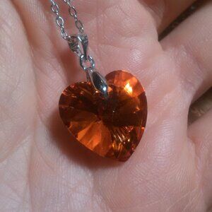 Orange Color Austrian Crystal Heart Silvertone Brass Pendant Necklace